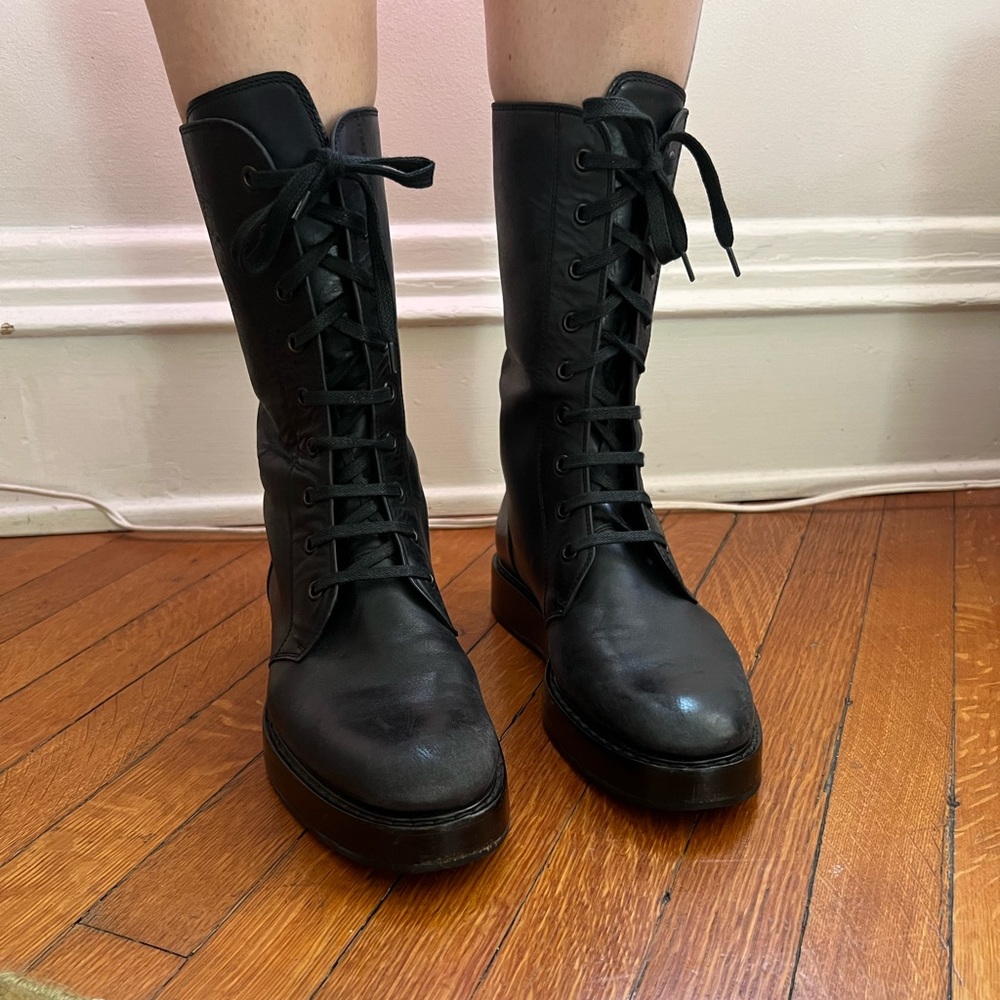 Bottega Veneta black leather lace up combat boots with dustbag